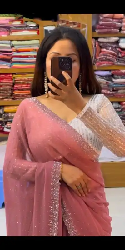 SC 218 Onion Color Georgette Hot Fix Stone Work Saree Casual, Wedding, Festive, Events . Expected Delivery  4-6 Working Days @1449/- only                                                                                                                                             | Designer Sarees, Embroidered Sarees, Sarees, Bollywood Sarees, Creative Sarees, Ethnic Saree, Modern Digital sarees, Party Wear Sarees