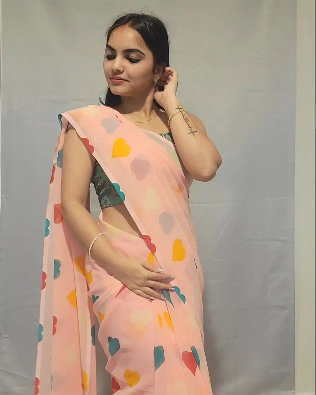 SC 215 Peach Color Soft Georgette Silk Digital Print Heart Design Ready To Wear Saree, Wedding, Festive, Events . Expected Delivery  4-6 Working Days @1499/                                                                                                                                            | Designer Sarees, Embroidered Sarees, Sarees, Bollywood Sarees, Creative Sarees, Ethnic Saree, Modern Digital sarees, Party Wear Sarees