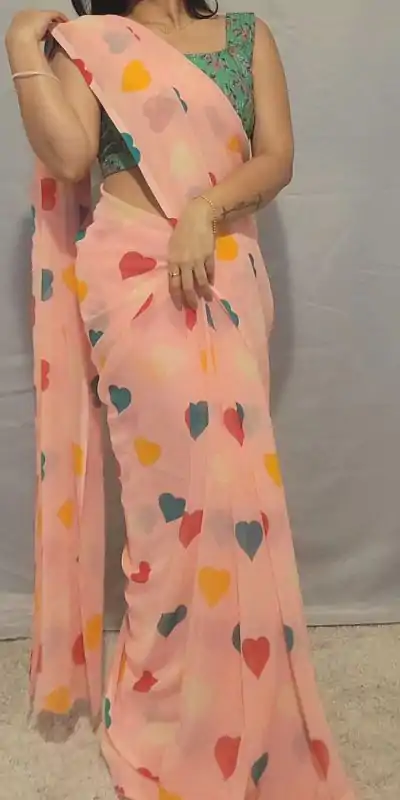 SC 215 Peach Color Soft Georgette Silk Digital Print Heart Design Ready To Wear Saree, Wedding, Festive, Events . Expected Delivery 4-6 Working Days @1499/ | Designer Sarees, Embroidered Sarees, Sarees, Bollywood Sarees, Creative Sarees, Ethnic Saree, Modern Digital sarees, Party Wear Sarees