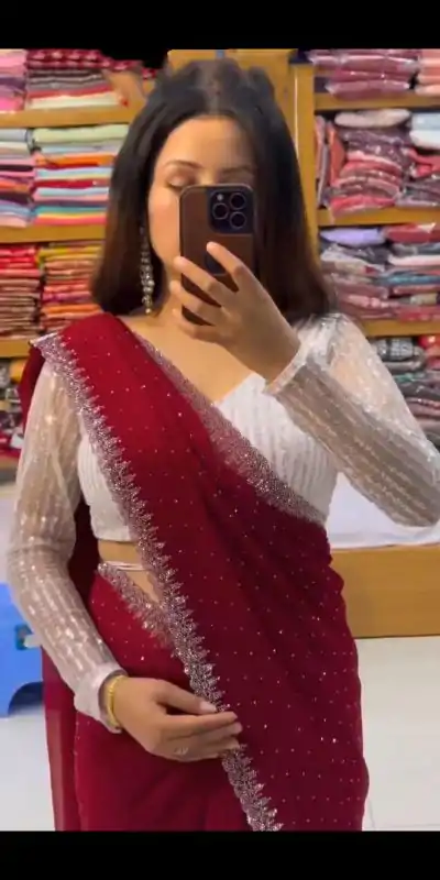 SC 218 Red Color Georgette Hot Fix Stone Work Saree Casual, Wedding, Festive, Events . Expected Delivery  4-6 Working Days @1449/- only                                                                                                                                             | Designer Sarees, Embroidered Sarees, Sarees, Bollywood Sarees, Creative Sarees, Ethnic Saree, Modern Digital sarees, Party Wear Sarees