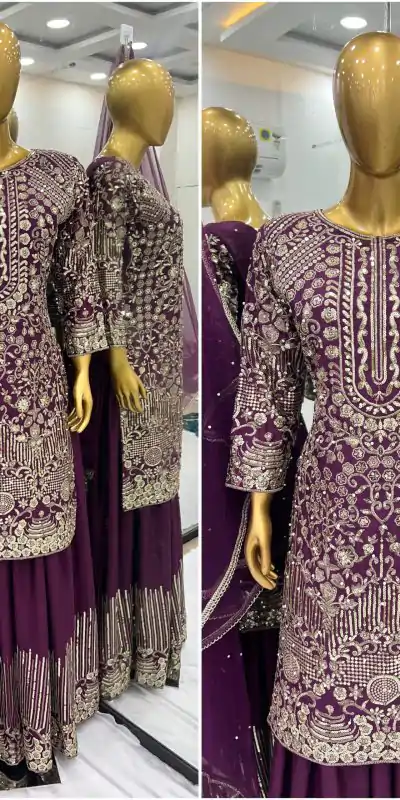 ZSR 3103 Wine Chinnon Silk 5mm Embroidery Sequence With Moti Work Salwar Suit Casual, Wedding, Party, Festive, Events Etc.4-6 Working Days@ 2099/-only | Casual Suits, Jump Suits, Salwar suit, Creative suits, Designer Suits, Palazzo Suits, Party Wear Suits, Patiala Suits, Straight Suits