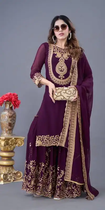 SRK-5242 Wine Faux Georgette With Embroidery Sequence Thread Work Salwar Suit  Casual, Wedding, Party, Festive, Events Etc.4-6 Working Days@ 2099/-only | Casual Suits, Jump Suits, Salwar suit, Creative suits, Designer Suits, Palazzo Suits, Party Wear Suits, Patiala Suits, Straight Suits