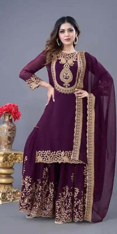 SRK-5242 Wine Faux Georgette With Embroidery Sequence Thread Work Salwar Suit  Casual, Wedding, Party, Festive, Events Etc.4-6 Working Days@ 2099/-only | Casual Suits, Jump Suits, Salwar suit, Creative suits, Designer Suits, Palazzo Suits, Party Wear Suits, Patiala Suits, Straight Suits