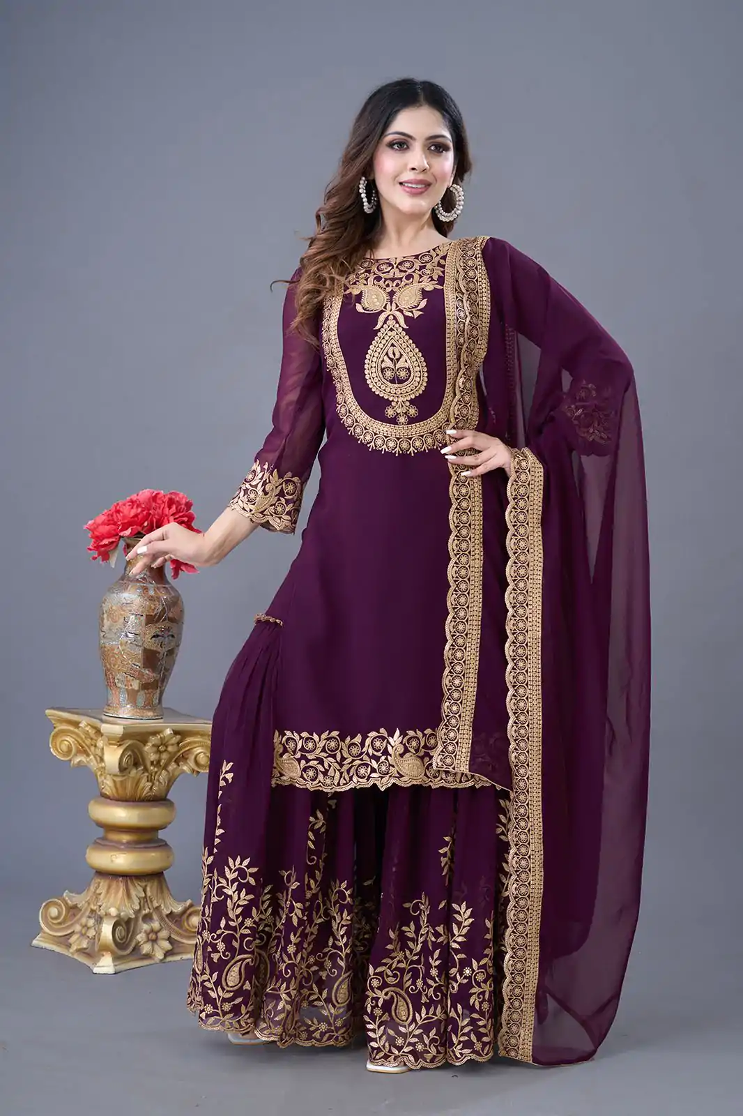 SRK-5242 Wine Faux Georgette With Embroidery Sequence Thread Work Salwar Suit  Casual, Wedding, Party, Festive, Events Etc.4-6 Working Days@ 2099/-only | Casual Suits, Jump Suits, Salwar suit, Creative suits, Designer Suits, Palazzo Suits, Party Wear Suits, Patiala Suits, Straight Suits