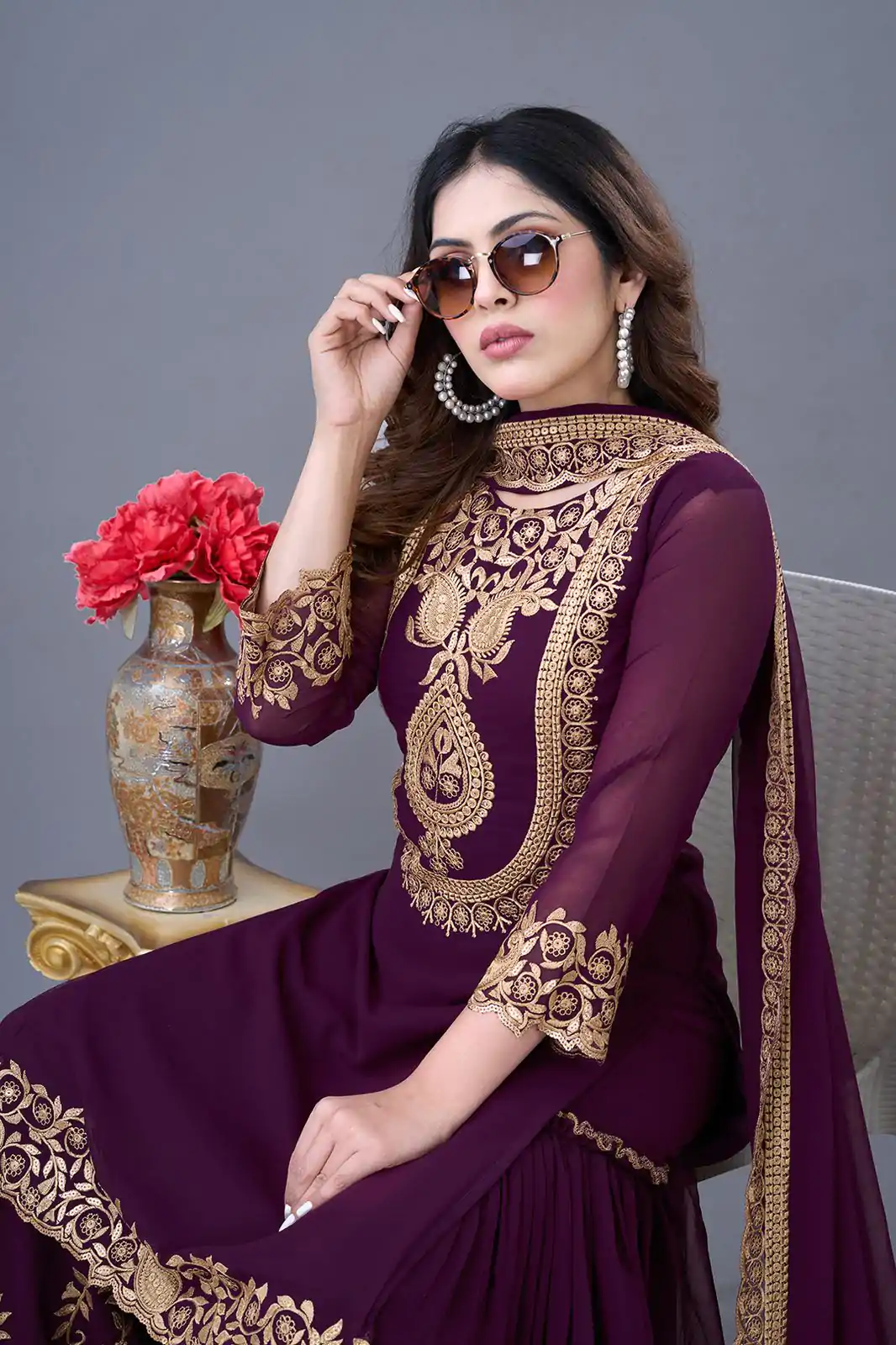 SRK-5242 Wine Faux Georgette With Embroidery Sequence Thread Work Salwar Suit  Casual, Wedding, Party, Festive, Events Etc.4-6 Working Days@ 2099/-only | Casual Suits, Jump Suits, Salwar suit, Creative suits, Designer Suits, Palazzo Suits, Party Wear Suits, Patiala Suits, Straight Suits