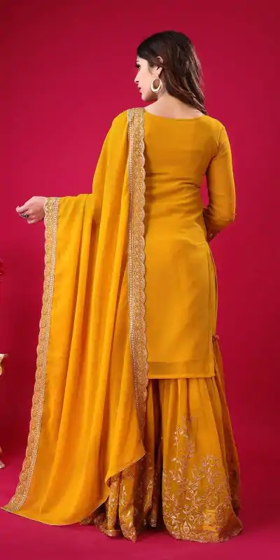 SRK-5242 Yellow Faux Georgette With Embroidery Sequence Thread Work Salwar Suit , Wedding, Party, Festive, Events Etc.4-6 Working Days@ 2099/-only | Casual Suits, Jump Suits, Salwar suit, Creative suits, Designer Suits, Palazzo Suits, Party Wear Suits, Patiala Suits, Straight Suits