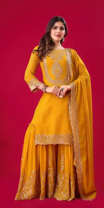 SRK-5242 Yellow Faux Georgette With Embroidery Sequence Thread Work Salwar Suit , Wedding, Party, Festive, Events Etc.4-6 Working Days@ 2099/-only | Casual Suits, Jump Suits, Salwar suit, Creative suits, Designer Suits, Palazzo Suits, Party Wear Suits, Patiala Suits, Straight Suits