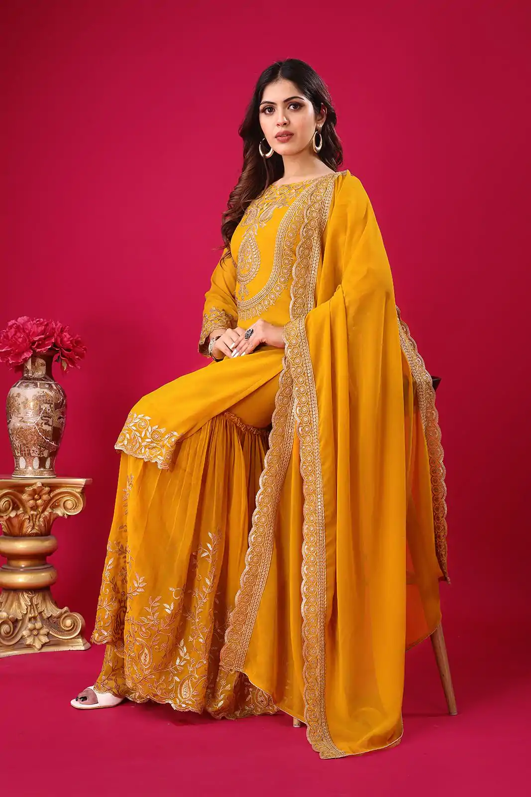 SRK-5242 Yellow Faux Georgette With Embroidery Sequence Thread Work Salwar Suit , Wedding, Party, Festive, Events Etc.4-6 Working Days@ 2099/-only | Casual Suits, Jump Suits, Salwar suit, Creative suits, Designer Suits, Palazzo Suits, Party Wear Suits, Patiala Suits, Straight Suits