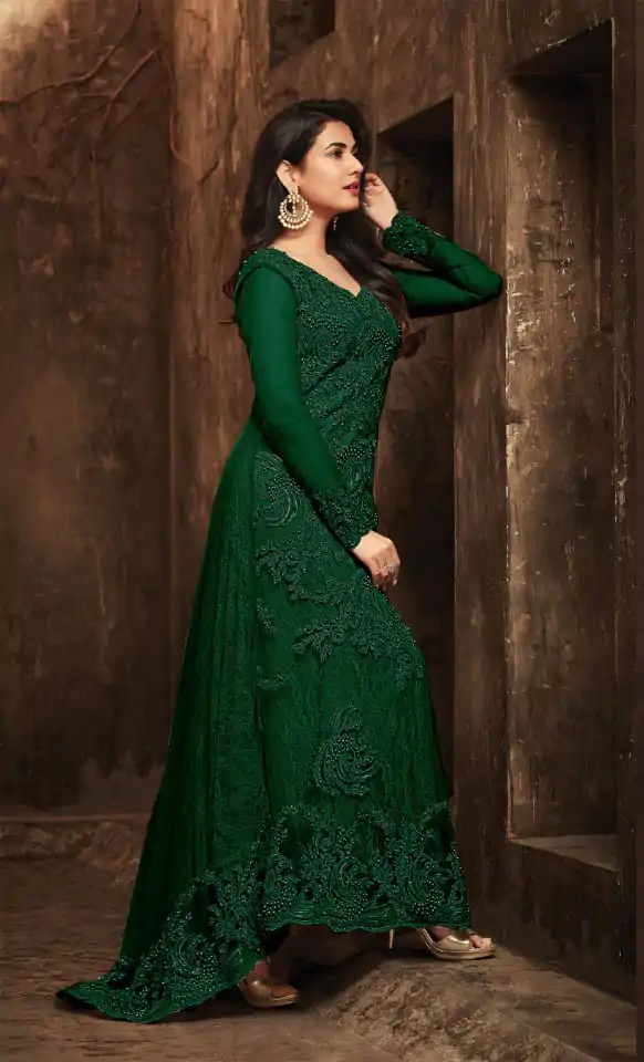  FC 5703 Green Football Net Embroidery Sequence Stone Coding Moti Work Salwar Suit Casual, Wedding, Party, Festive, Events Etc.4-6 Working Days@ 2099/-only | Casual Suits, Jump Suits, Salwar suit, Creative suits, Designer Suits, Palazzo Suits, Party Wear Suits, Patiala Suits, Straight Suits