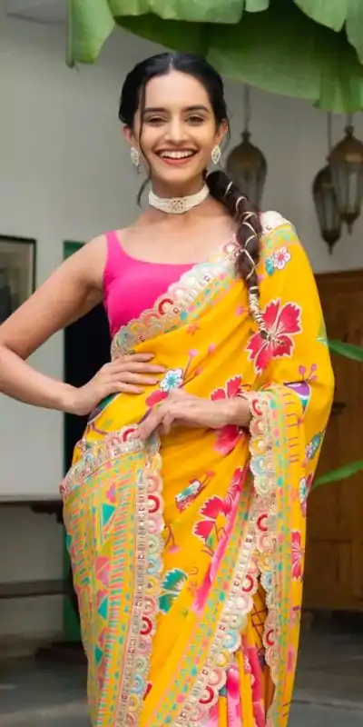 MS 472 Yellow color Chinon Printed Multicolored Embroidery Coding Sequins Lace Saree Wedding, Festive, Events . Expected Delivery  4-6 Working Days @1649/- | Designer Sarees, Embroidered Sarees, Sarees, Bollywood Sarees, Creative Sarees, Ethnic Saree, Modern Digital sarees, Party Wear Sarees