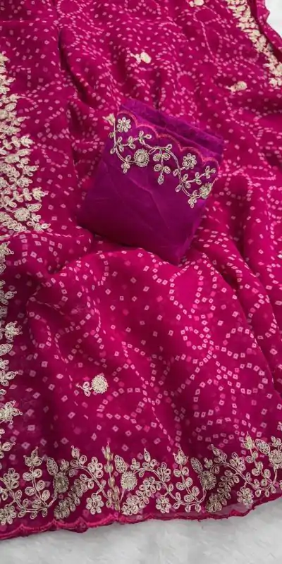 DS Bandhni Pink Color Georgette Bandhni Print With Sober Pita Work Embroidery Saree , Wedding, Festive, Events . Expected Delivery  4-6 Working Days @1849/-                                                                                                                                         | Designer Sarees, Embroidered Sarees, Sarees, Bollywood Sarees, Creative Sarees, Ethnic Saree, Modern Digital sarees, Party Wear Sarees