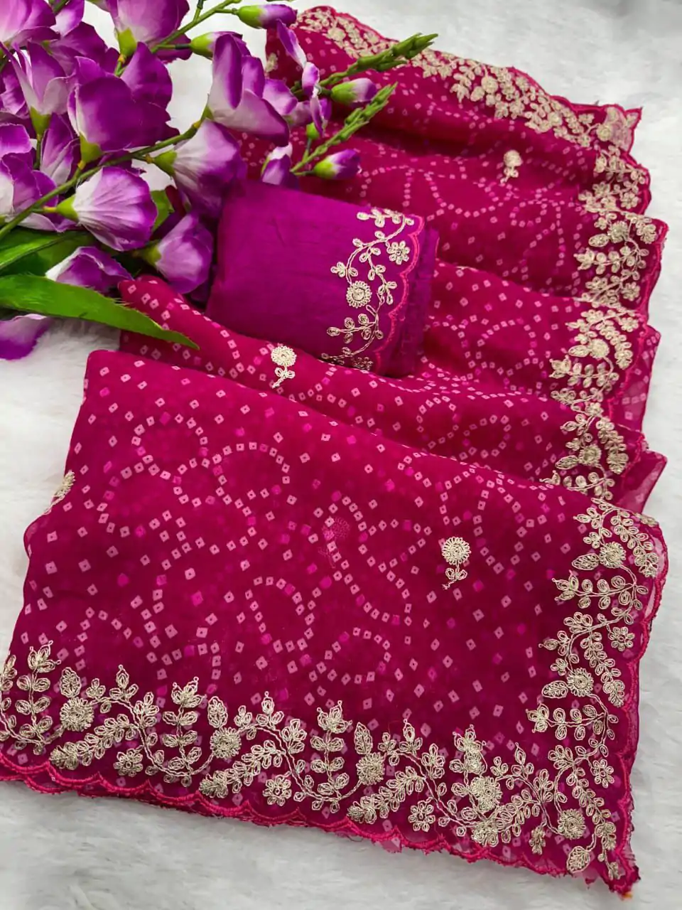 DS Bandhni Pink Color Georgette Bandhni Print With Sober Pita Work Embroidery Saree , Wedding, Festive, Events . Expected Delivery  4-6 Working Days @1849/-                                                                                                                                         | Designer Sarees, Embroidered Sarees, Sarees, Bollywood Sarees, Creative Sarees, Ethnic Saree, Modern Digital sarees, Party Wear Sarees