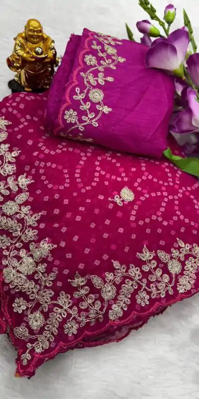 DS Bandhni Pink Color Georgette Bandhni Print With Sober Pita Work Embroidery Saree , Wedding, Festive, Events . Expected Delivery  4-6 Working Days @1849/-                                                                                                                                         | Designer Sarees, Embroidered Sarees, Sarees, Bollywood Sarees, Creative Sarees, Ethnic Saree, Modern Digital sarees, Party Wear Sarees