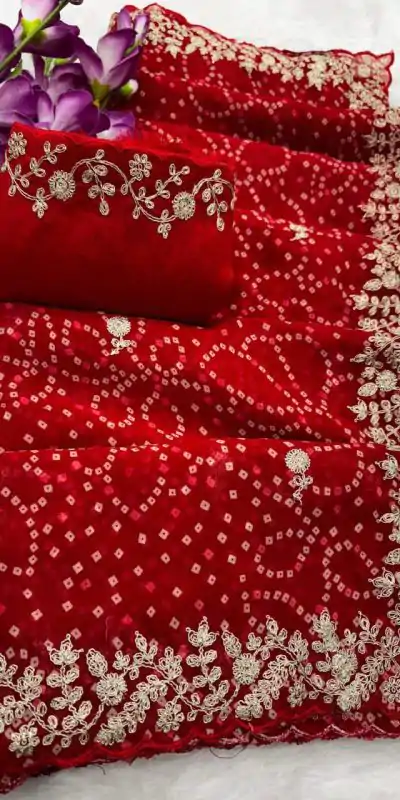 DS Bandhni Red Color Georgette Bandhni Print With Sober Pita Work Embroidery Saree , Wedding, Festive, Events . Expected Delivery  4-6 Working Days @1849/-                                                                                                                                         | Designer Sarees, Embroidered Sarees, Sarees, Bollywood Sarees, Creative Sarees, Ethnic Saree, Modern Digital sarees, Party Wear Sarees