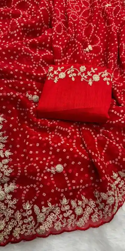 DS Bandhni Red Color Georgette Bandhni Print With Sober Pita Work Embroidery Saree , Wedding, Festive, Events . Expected Delivery  4-6 Working Days @1849/-                                                                                                                                         | Designer Sarees, Embroidered Sarees, Sarees, Bollywood Sarees, Creative Sarees, Ethnic Saree, Modern Digital sarees, Party Wear Sarees