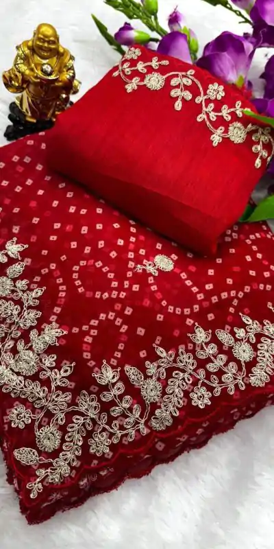 DS Bandhni Red Color Georgette Bandhni Print With Sober Pita Work Embroidery Saree , Wedding, Festive, Events . Expected Delivery  4-6 Working Days @1849/-                                                                                                                                         | Designer Sarees, Embroidered Sarees, Sarees, Bollywood Sarees, Creative Sarees, Ethnic Saree, Modern Digital sarees, Party Wear Sarees