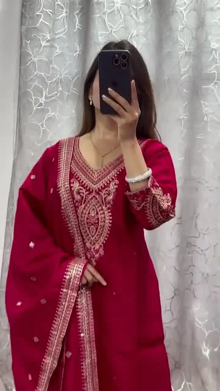 BE 318 Red Chinon With Embroidery Coding Dori Work Salwar Suit Casual, Wedding, Party, Festive, Events Etc.4-6 Working Days@ 1799/-only | Casual Suits, Jump Suits, Salwar suit, Creative suits, Designer Suits, Palazzo Suits, Party Wear Suits, Patiala Suits, Straight Suits