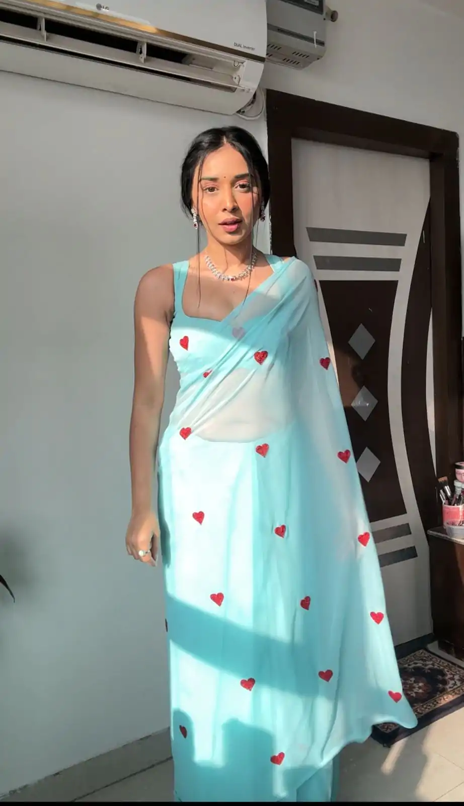 SC 221 Sky Blue Color Georgette silk with embroidery red color heart design Saree Wedding, Festive, Events . Expected Delivery  4-6 Working Days @1549/- only                                                                                                                                             | Designer Sarees, Embroidered Sarees, Sarees, Bollywood Sarees, Creative Sarees, Ethnic Saree, Modern Digital sarees, Party Wear Sarees