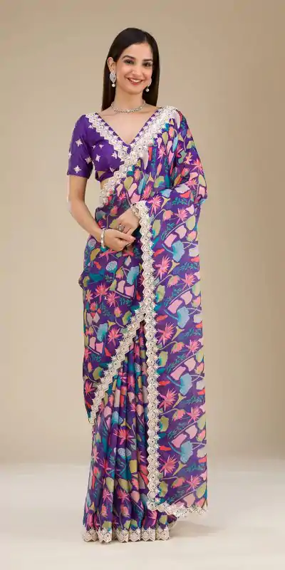 BT-403 Violet Color Georgette Digital Prints Embroidery Codding Sequins Work Saree, Wedding, Festive, Events. Expected Delivery  4-6 Working Days @1899 | Designer Sarees, Embroidered Sarees, Sarees, Bollywood Sarees, Creative Sarees, Ethnic Saree, Modern Digital sarees, Party Wear Sarees
