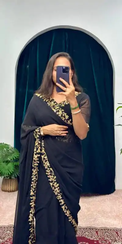  ST 1055 Black Color Faux Georgette Embroidery Work Border Stitched Saree-Gown Wedding Party, Festive, Events Etc.4-6 Working Days@1799/- only | Gowns, Bollywood Gowns, Creative Gowns, Designer Gowns, Embroidered Gowns, Party Wear Gowns, Straight Suits