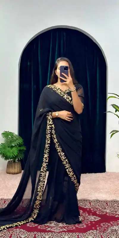  ST 1055 Black Color Faux Georgette Embroidery Work Border Stitched Saree-Gown Wedding Party, Festive, Events Etc.4-6 Working Days@1799/- only | Gowns, Bollywood Gowns, Creative Gowns, Designer Gowns, Embroidered Gowns, Party Wear Gowns, Straight Suits