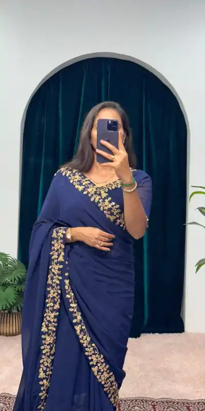  ST 1055 Navy Blue Color Faux Georgette Embroidery Work Border Stitched Saree-Gown Wedding Party, Festive, Events Etc.4-6 Working Days@1799/- only | Gowns, Bollywood Gowns, Creative Gowns, Designer Gowns, Embroidered Gowns, Party Wear Gowns, Straight Suits