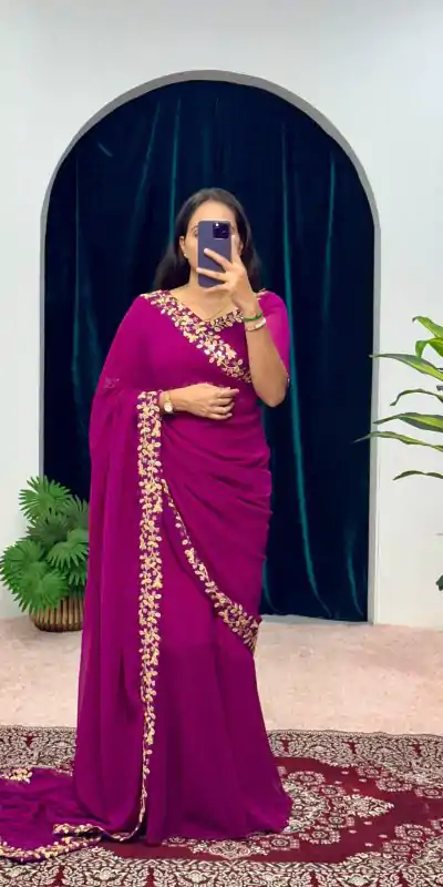  ST 1055 Purple Color Faux Georgette Embroidery Work Border Stitched Saree-Gown Wedding Party, Festive, Events Etc.4-6 Working Days@1799/- only | Gowns, Bollywood Gowns, Creative Gowns, Designer Gowns, Embroidered Gowns, Party Wear Gowns, Straight Suits