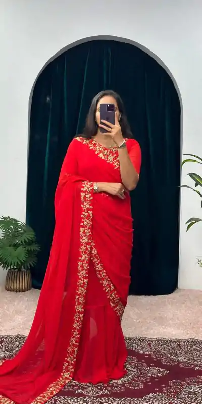  ST 1055 Red Color Faux Georgette Embroidery Work Border Stitched Saree-Gown Wedding Party, Festive, Events Etc.4-6 Working Days@1799/- only | Gowns, Bollywood Gowns, Creative Gowns, Designer Gowns, Embroidered Gowns, Party Wear Gowns, Straight Suits