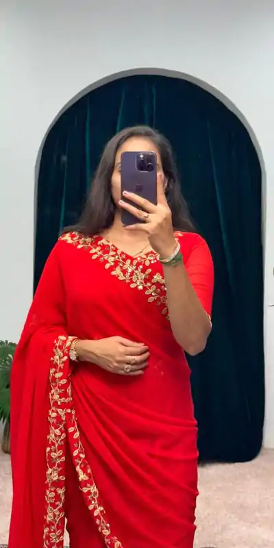  ST 1055 Red Color Faux Georgette Embroidery Work Border Stitched Saree-Gown Wedding Party, Festive, Events Etc.4-6 Working Days@1799/- only | Gowns, Bollywood Gowns, Creative Gowns, Designer Gowns, Embroidered Gowns, Party Wear Gowns, Straight Suits