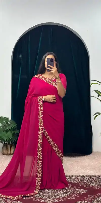  ST 1055 Pink Color Faux Georgette Embroidery Work Border Stitched Saree-Gown Wedding Party, Festive, Events Etc.4-6 Working Days@1799/- only | Gowns, Bollywood Gowns, Creative Gowns, Designer Gowns, Embroidered Gowns, Party Wear Gowns, Straight Suits
