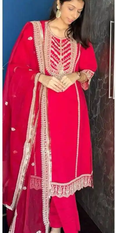  LG 1921 Red Chinnon Cording Sequences Embroidery Work Salwar Suit Casual, Wedding, Party, Festive, Events Etc.4-6 Working Days@ 2099/-only | Casual Suits, Jump Suits, Salwar suit, Creative suits, Designer Suits, Palazzo Suits, Party Wear Suits, Patiala Suits, Straight Suits