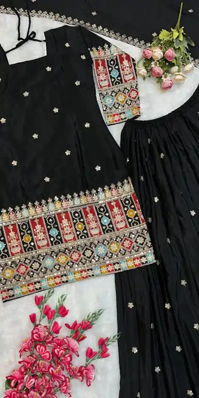 VLM 242 Black Chinnon Silk Embroidery Work Salwar Suit Casual, Wedding, Party, Festive, Events Etc.4-6 Working Days@ 2099/-only | Casual Suits, Jump Suits, Salwar suit, Creative suits, Designer Suits, Palazzo Suits, Party Wear Suits, Patiala Suits, Straight Suits