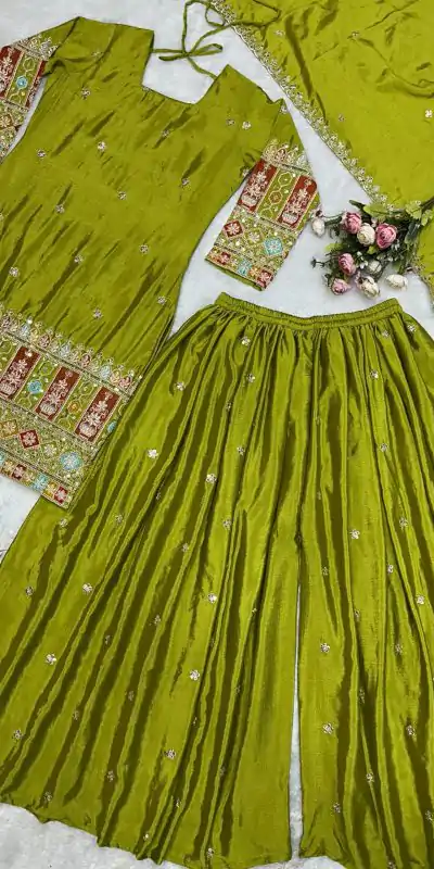 VLM 242 Light Green Chinnon Silk Embroidery Work Salwar Suit Casual, Wedding, Party, Festive, Events Etc.4-6 Working Days@ 2099/-only | Casual Suits, Jump Suits, Salwar suit, Creative suits, Designer Suits, Palazzo Suits, Party Wear Suits, Patiala Suits, Straight Suits