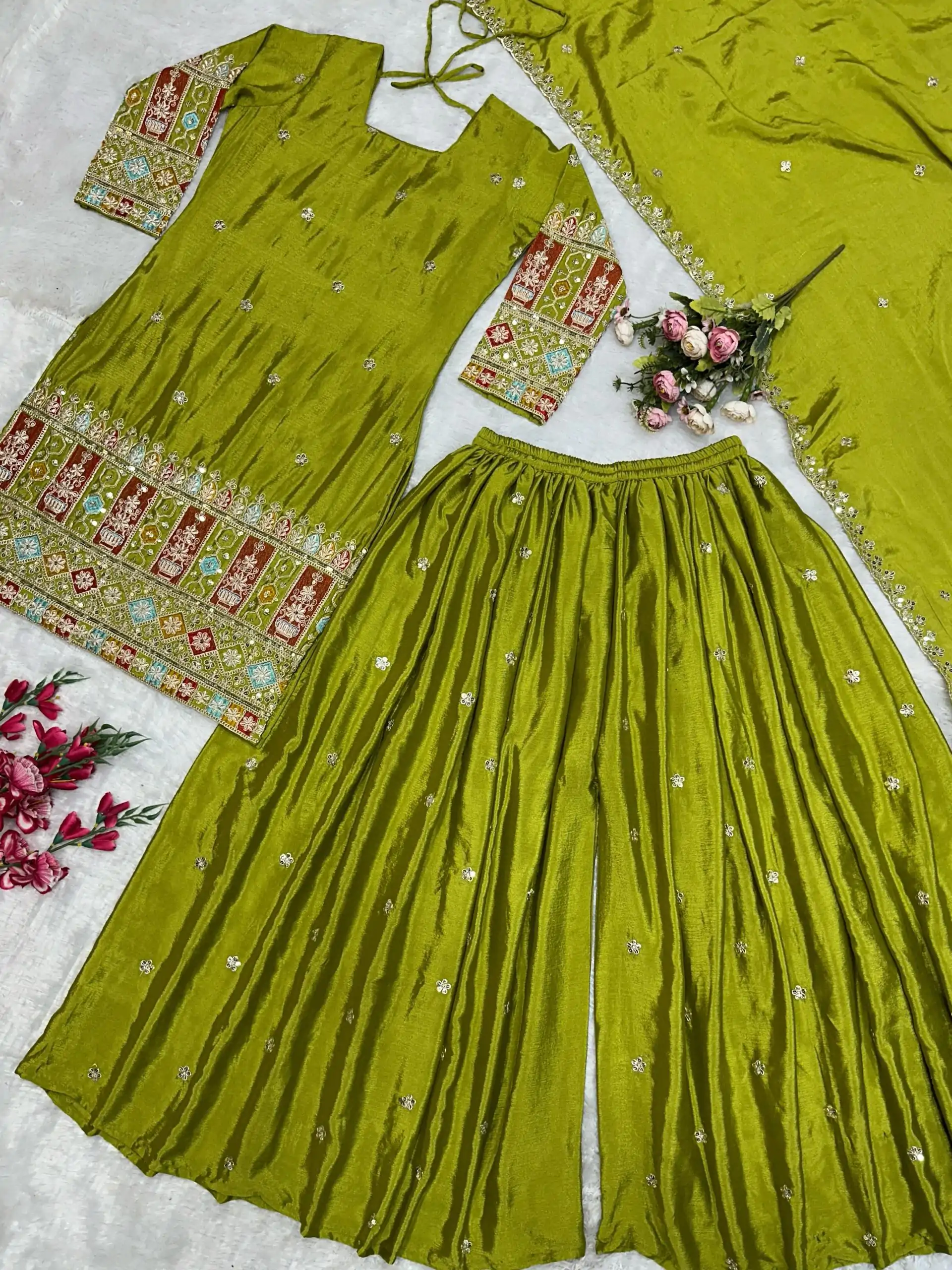 VLM 242 Light Green Chinnon Silk Embroidery Work Salwar Suit Casual, Wedding, Party, Festive, Events Etc.4-6 Working Days@ 2099/-only | Casual Suits, Jump Suits, Salwar suit, Creative suits, Designer Suits, Palazzo Suits, Party Wear Suits, Patiala Suits, Straight Suits