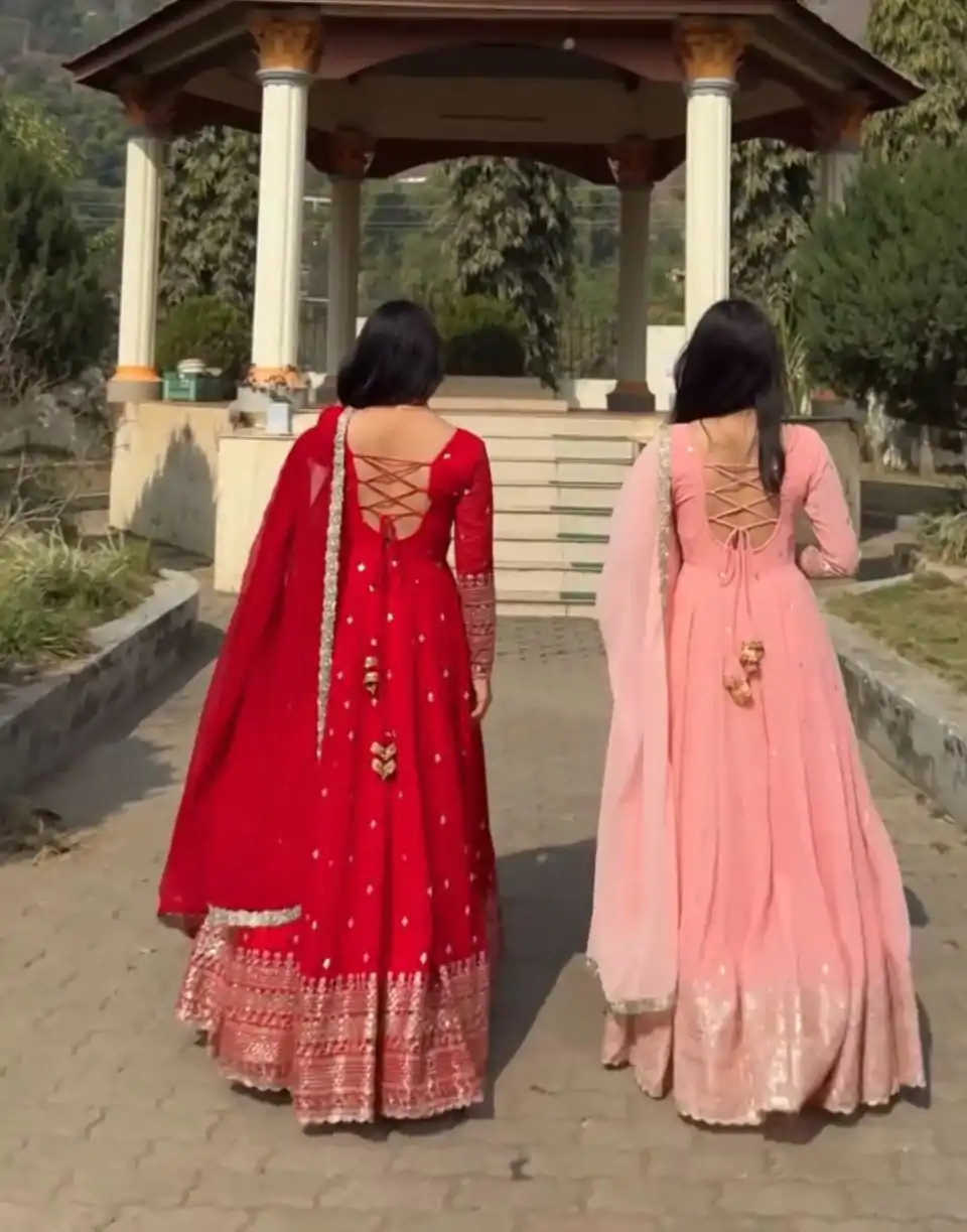 VLM 258 Red Color Fox Georgette With Embroidery Work Anarkali Gown Wedding Party, Festive, Events Etc.4-6 Working Days@2149/- only | Gowns, Bollywood Gowns, Creative Gowns, Designer Gowns, Embroidered Gowns, Party Wear Gowns, Straight Suits