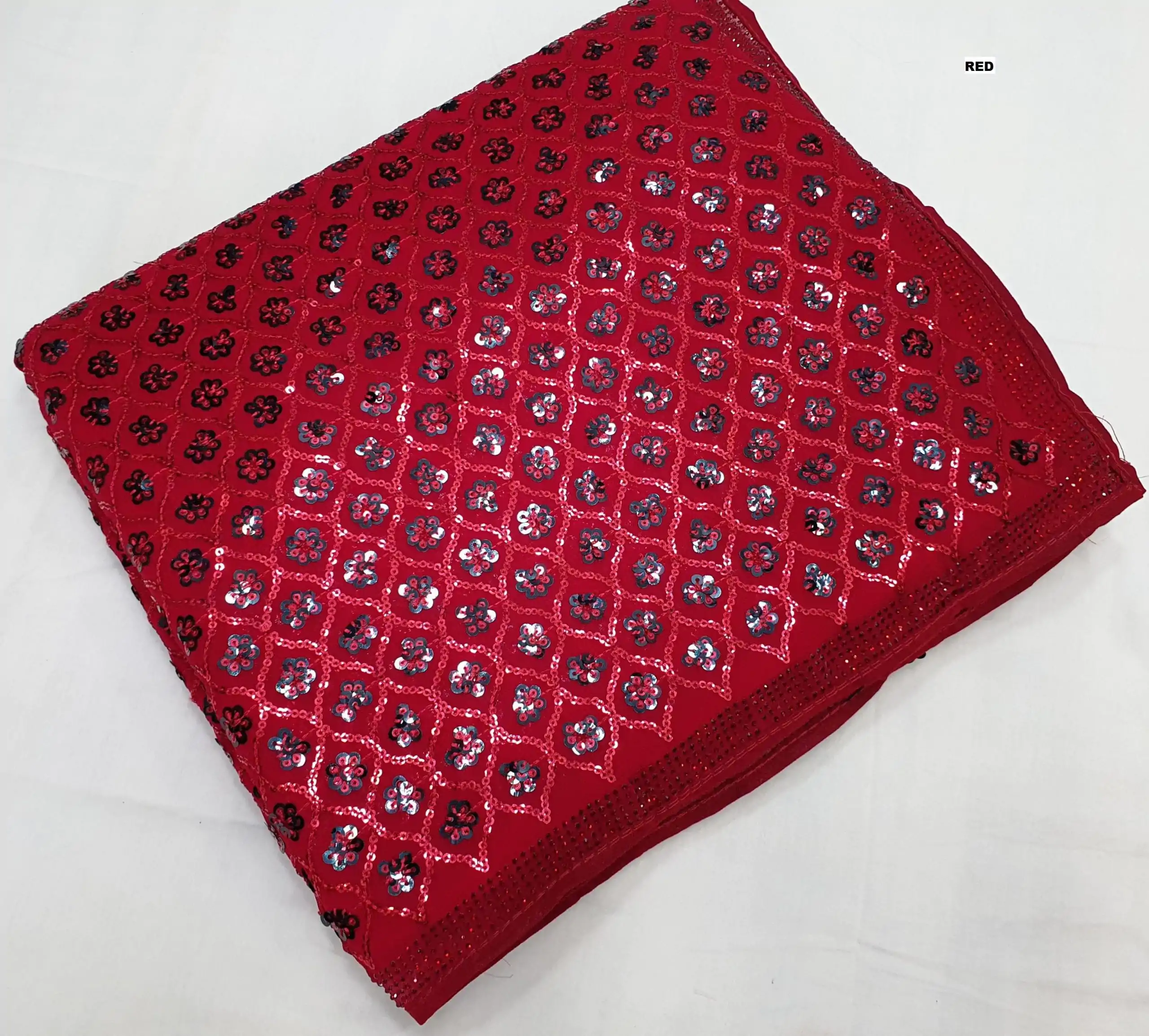 DF 3427 Red Color Georgette Dual Sequins 3MM & 5MM Embroidery Sequins Work Saree , Wedding, Festive, Events . Expected Delivery  4-6 Working Days @1799/- | Designer Sarees, Embroidered Sarees, Sarees, Bollywood Sarees, Creative Sarees, Ethnic Saree, Modern Digital sarees, Party Wear Sarees