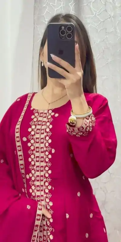 DC G84 Red Pure chinon With Embroidery Work With kali Salwar Suit Casual, Wedding, Party, Festive, Events Etc.4-6 Working Days@ 1899/-only | Casual Suits, Jump Suits, Salwar suit, Creative suits, Designer Suits, Palazzo Suits, Party Wear Suits, Patiala Suits, Straight Suits