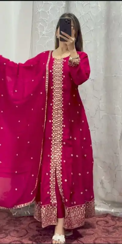 DC G84 Red Pure chinon With Embroidery Work With kali Salwar Suit Casual, Wedding, Party, Festive, Events Etc.4-6 Working Days@ 1899/-only | Casual Suits, Jump Suits, Salwar suit, Creative suits, Designer Suits, Palazzo Suits, Party Wear Suits, Patiala Suits, Straight Suits