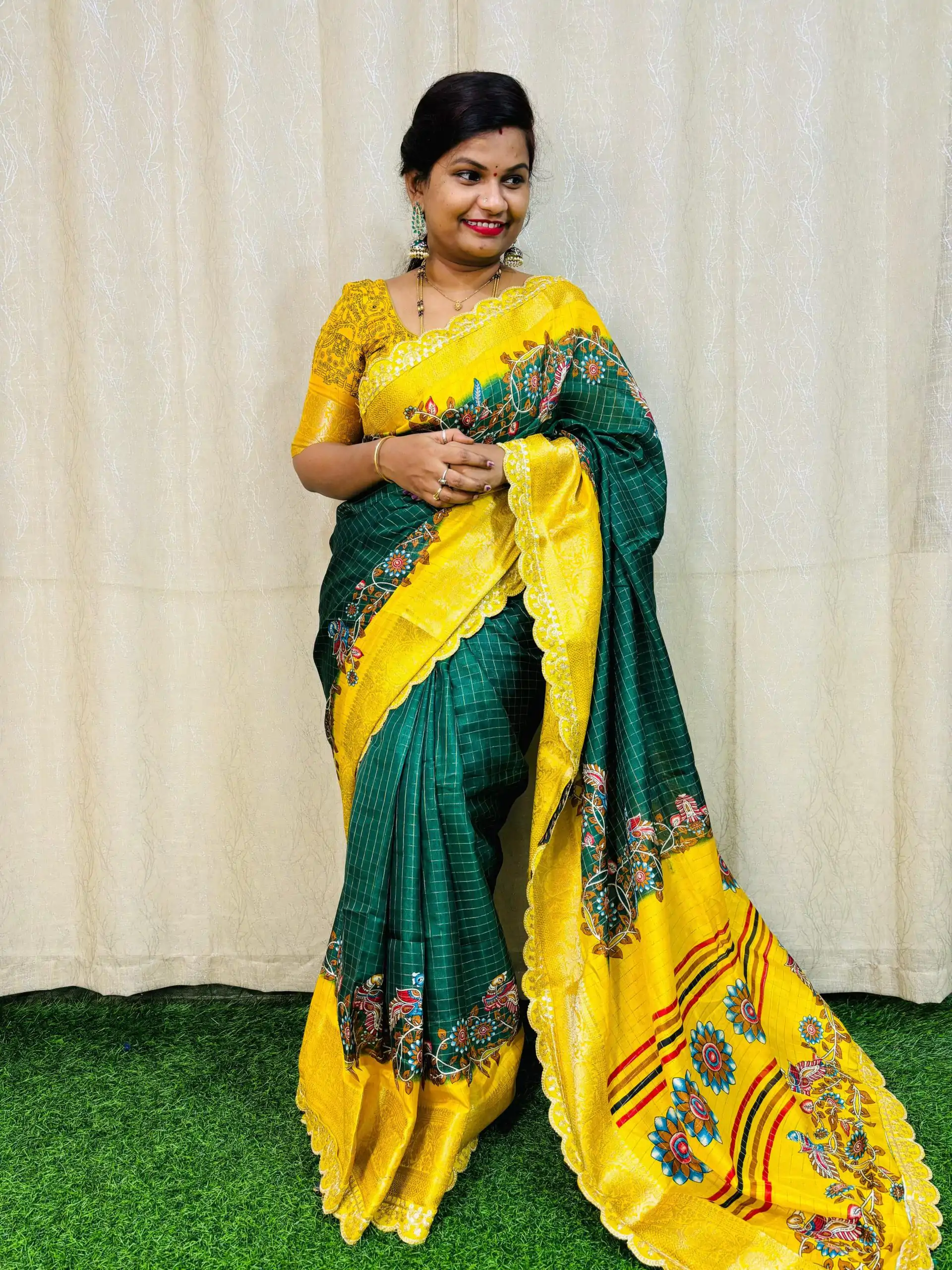 MS 473 Green Color dola mangalagiri checks All Over Kalamkari Floral Print Saree , Wedding, Festive, Events . Expected Delivery  4-6 Working Days @1699/- | Designer Sarees, Embroidered Sarees, Sarees, Bollywood Sarees, Creative Sarees, Ethnic Saree, Modern Digital sarees, Party Wear Sarees