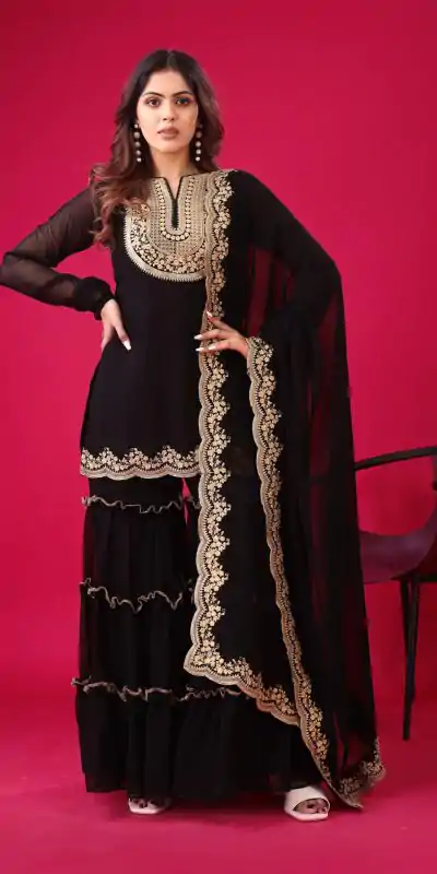 SRK 5236 Black Color Faux Georgette With Embroidery Sequence Work Salwar Suit , Wedding, Party, Festive, Events Etc.4-6 Working Days@ 2099/-only | Casual Suits, Jump Suits, Salwar suit, Creative suits, Designer Suits, Palazzo Suits, Party Wear Suits, Patiala Suits, Straight Suits