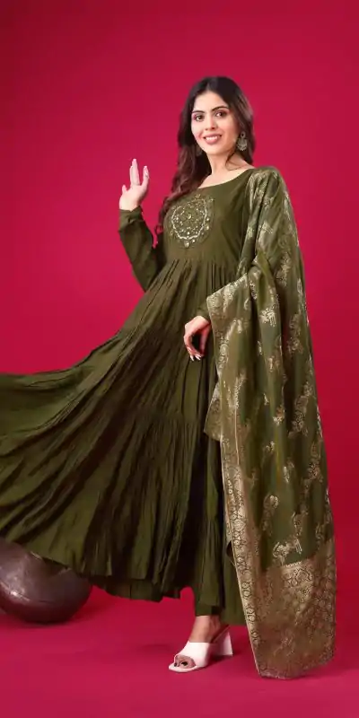 ZSR 3107 Mehandi Color Roman Silk With Embroidery Sequence Work Anarkali Gown Wedding Party, Festive, Events Etc.4-6 Working Days@1799/- only | Gowns, Bollywood Gowns, Creative Gowns, Designer Gowns, Embroidered Gowns, Party Wear Gowns, Straight Suits