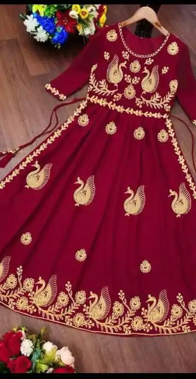 MF Red Color Georgette With embroidery Work Style Anarkali Gown Wedding Party, Festive, Events Etc.4-6 Working Days@1349/- only | Gowns, Bollywood Gowns, Creative Gowns, Designer Gowns, Embroidered Gowns, Party Wear Gowns, Straight Suits