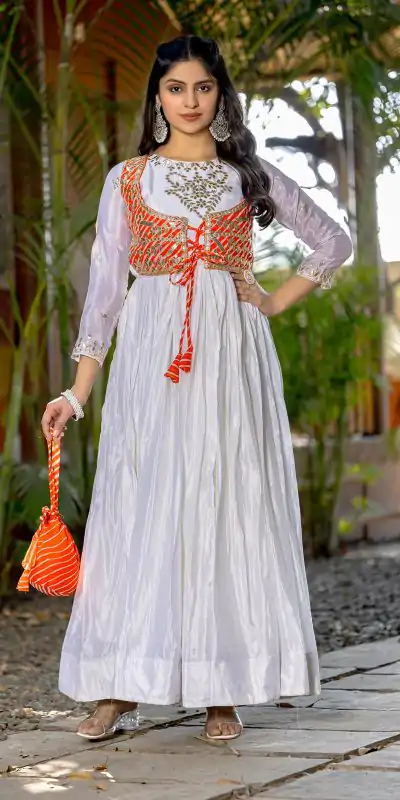 Ram 084 White Color Chinon Laheriya Print Gotta Patti Cording Work Anarkali Gown Wedding Party, Festive, Events Etc.4-6 Working Days@1949/- only | Gowns, Bollywood Gowns, Creative Gowns, Designer Gowns, Embroidered Gowns, Party Wear Gowns, Straight Suits