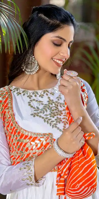 Ram 084 White Color Chinon Laheriya Print Gotta Patti Cording Work Anarkali Gown Wedding Party, Festive, Events Etc.4-6 Working Days@1949/- only | Gowns, Bollywood Gowns, Creative Gowns, Designer Gowns, Embroidered Gowns, Party Wear Gowns, Straight Suits