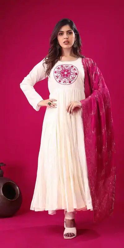 ZSR 3107 White Color Roman Silk With Embroidery Sequence Work Anarkali Gown Wedding Party, Festive, Events Etc.4-6 Working Days@1999/- only | Gowns, Bollywood Gowns, Creative Gowns, Designer Gowns, Embroidered Gowns, Party Wear Gowns, Straight Suits