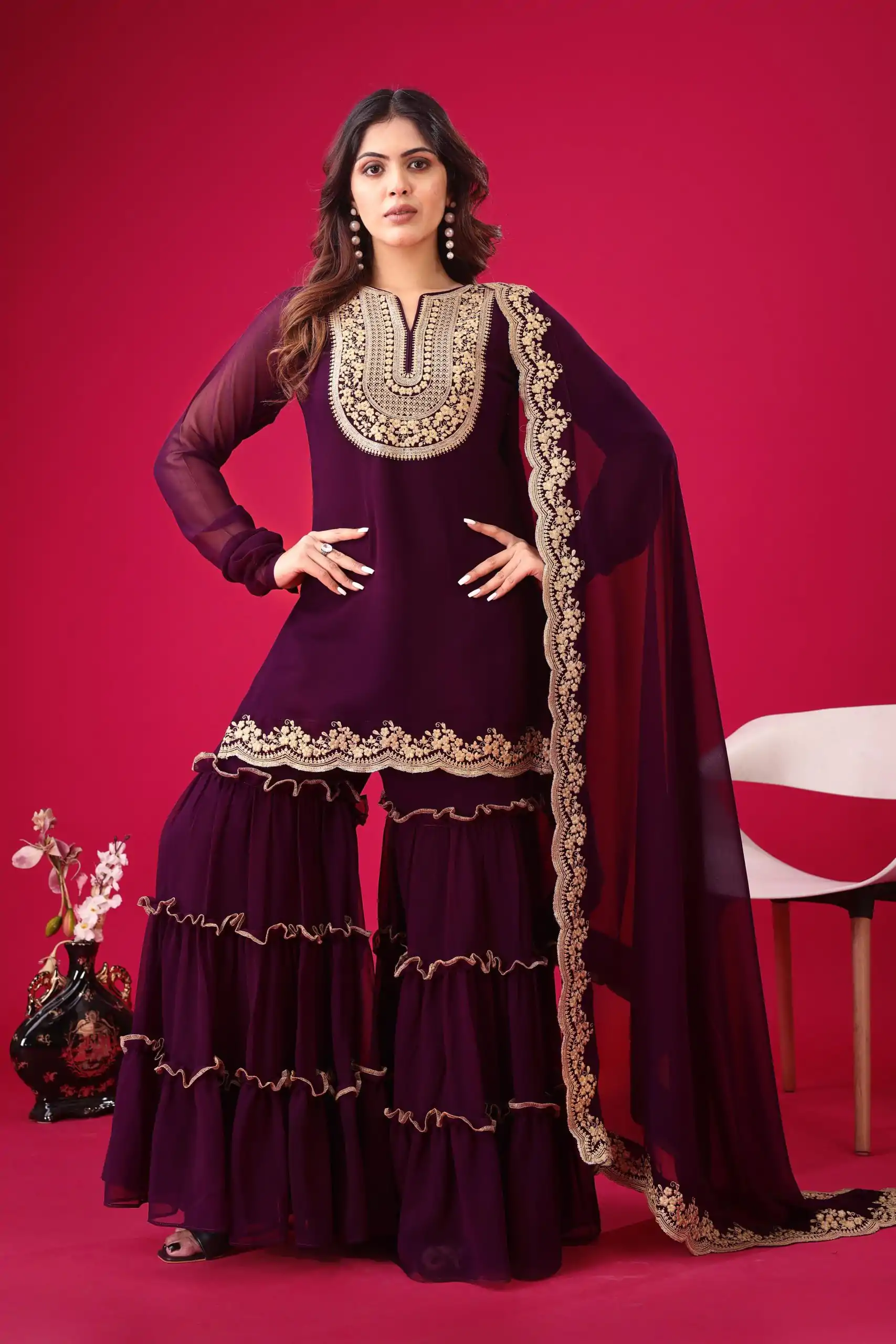 SRK 5236 Wine Color Faux Georgette With Embroidery Sequence Work Salwar Suit , Wedding, Party, Festive, Events Etc.4-6 Working Days@ 2399/-only | Casual Suits, Jump Suits, Salwar suit, Creative suits, Designer Suits, Palazzo Suits, Party Wear Suits, Patiala Suits, Straight Suits