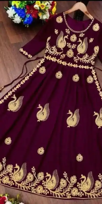 MF Wine Color Georgette With embroidery Work Style Anarkali Gown Wedding Party, Festive, Events Etc.4-6 Working Days@1349/- only | Gowns, Bollywood Gowns, Creative Gowns, Designer Gowns, Embroidered Gowns, Party Wear Gowns, Straight Suits