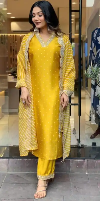 MF 746 Yellow Color Chinon Silk Wide Digital Print Coding Work Lace Salwar Suit Casual, Wedding, Party, Festive, Events Etc.4-6 Working Days@ 1699/-only | Casual Suits, Jump Suits, Salwar suit, Creative suits, Designer Suits, Palazzo Suits, Party Wear Suits, Patiala Suits, Straight Suits