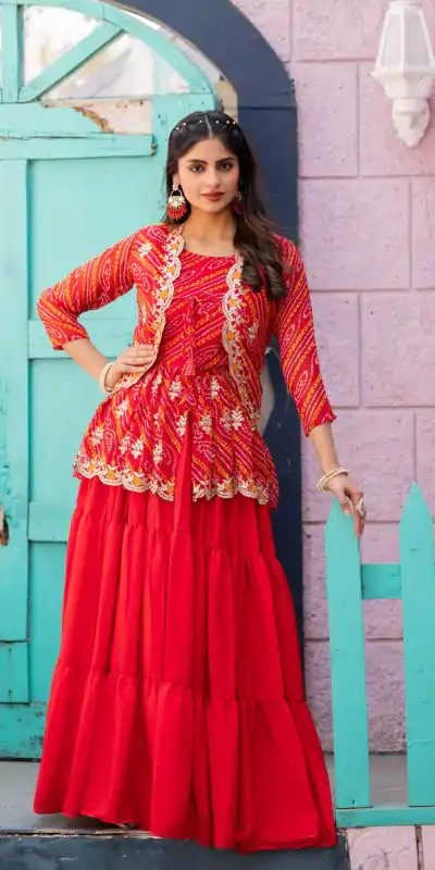 Ram 091 Red Color Bandhej Embroidery Thared Work Lehenga Crop Top & Jacket Wedding, Party, Festive, Events Etc. Delivery 4-6 Working Days Rs 2149 | Lehenga, Bollywood Lehenga, Creative Lehenga, Designer Lehenga, Embroidered Lehenga, Party Wear Lehenga