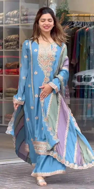 AD 145 Sky Blue Color Faux Georgette With Embroidery Sequence Work Salwar Suit Casual, Wedding, Party, Festive, Events Etc.4-6 Working Days@ 2099/-only | Casual Suits, Jump Suits, Salwar suit, Creative suits, Designer Suits, Palazzo Suits, Party Wear Suits, Patiala Suits, Straight Suits
